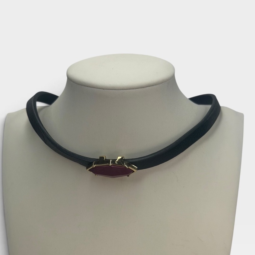 Jessica Simpson Black Faux Leather Choker Burgundy Stone Gold Tone Necklace Y2K